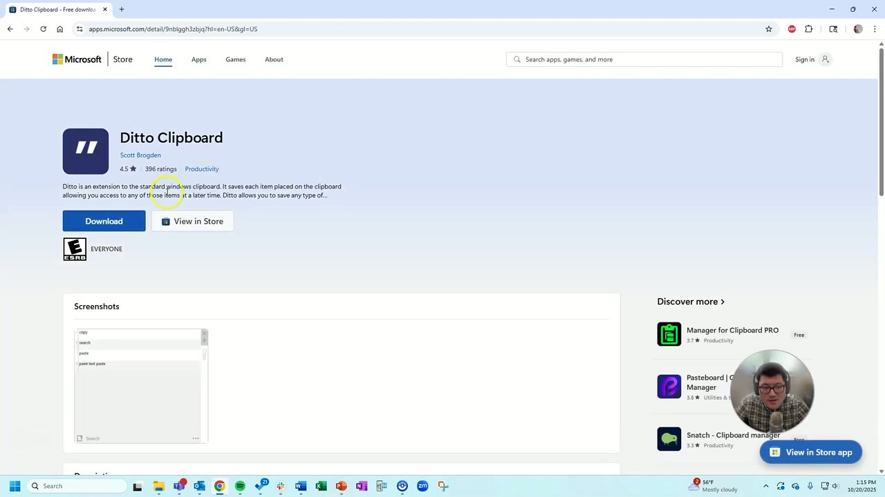 Ditto Clipboard Manager listing on Microsoft Store