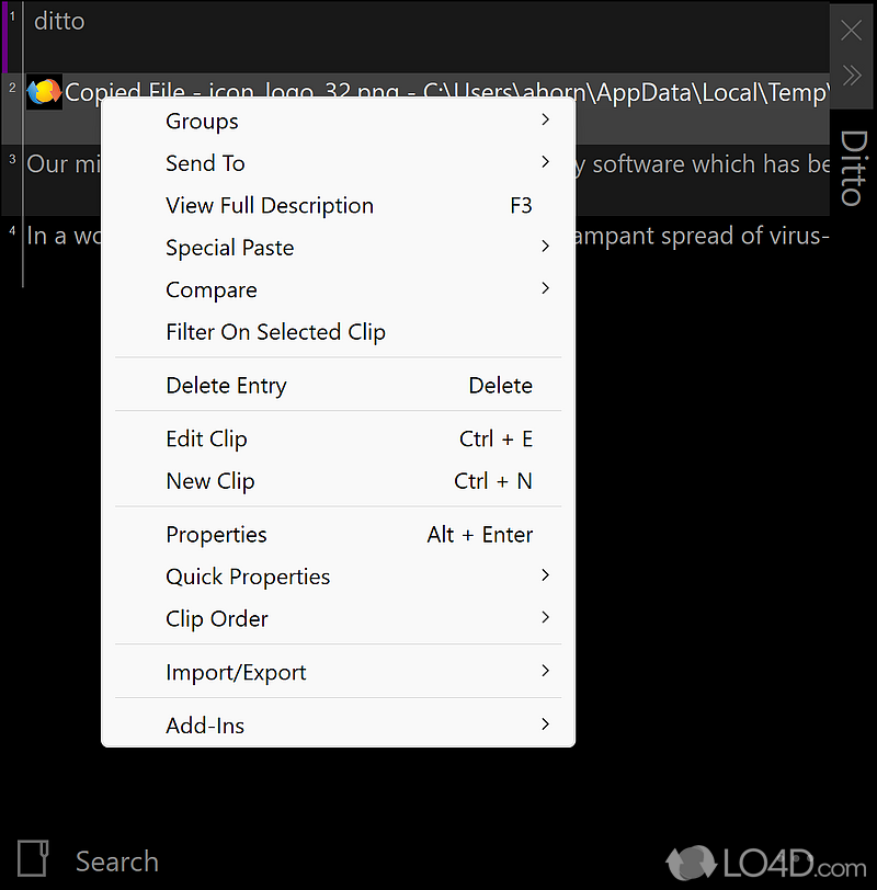 Ditto Clipboard Manager settings and configuration options